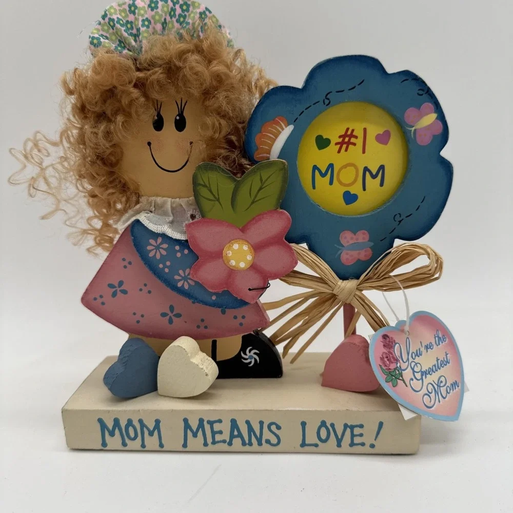 Vintage Mom Means Love Wooden With Little Girl With Hair & Bow 3D New Old Stock